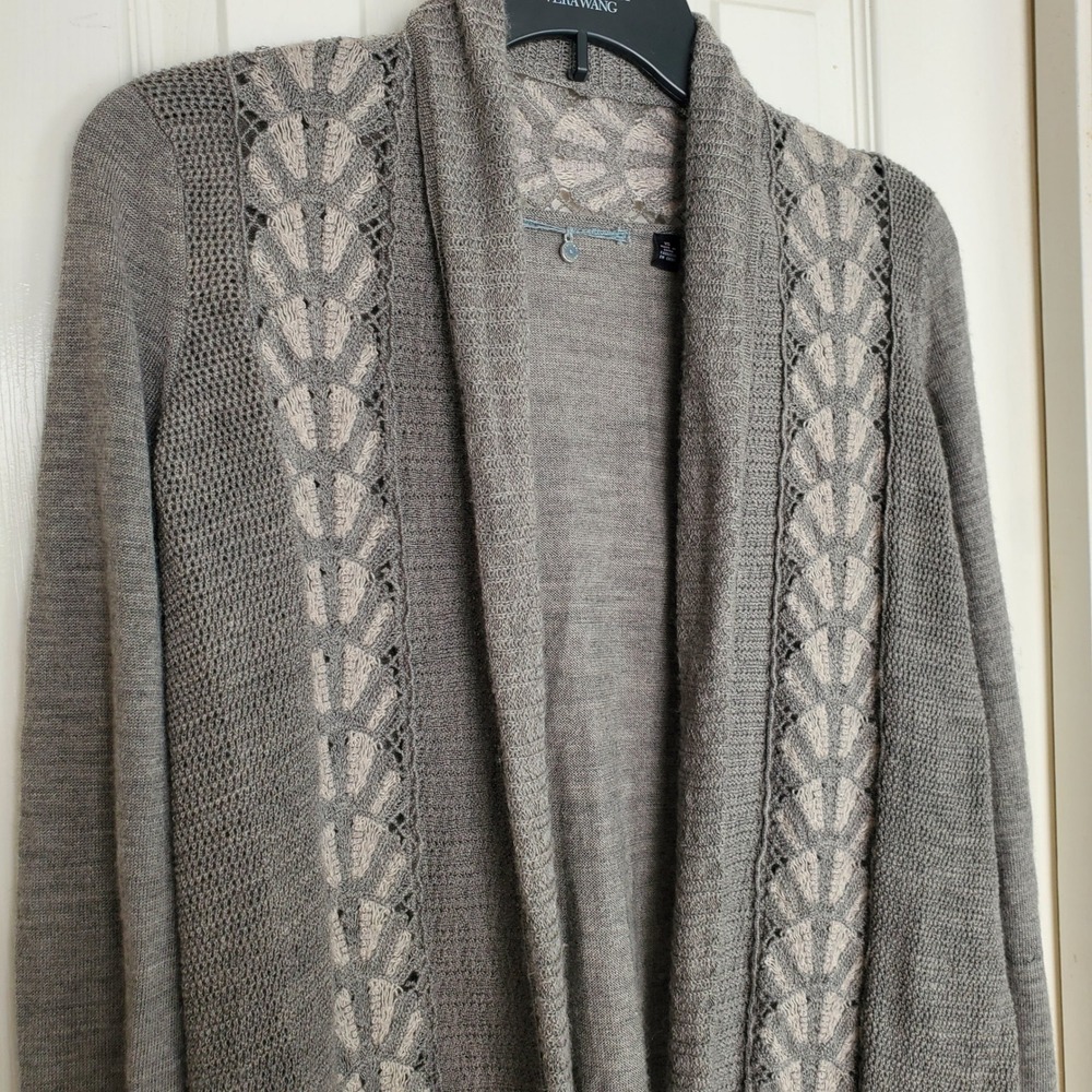 Knitted & Knotted Anthropologie Gray Wool Blend‎ Crochet Lace Open Cardigan XS